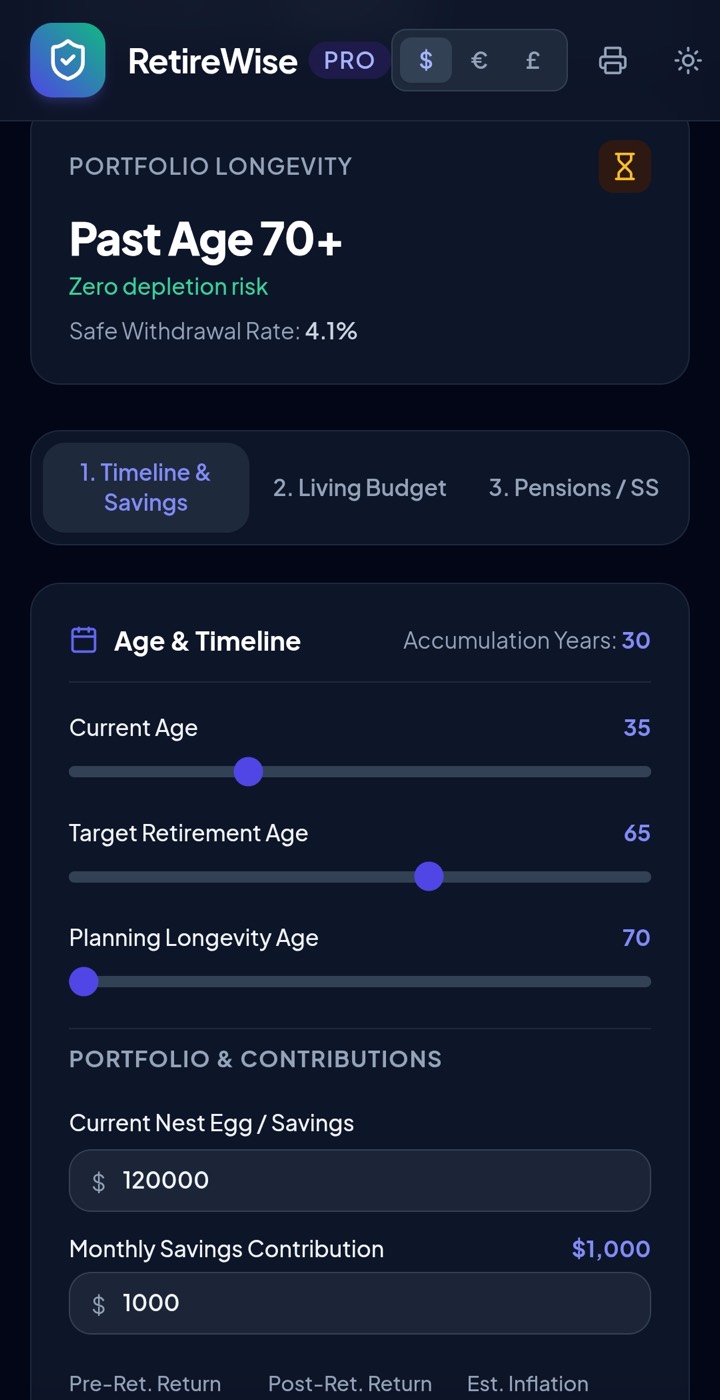 A retirement-planning app running full-screen in CanvasRunner