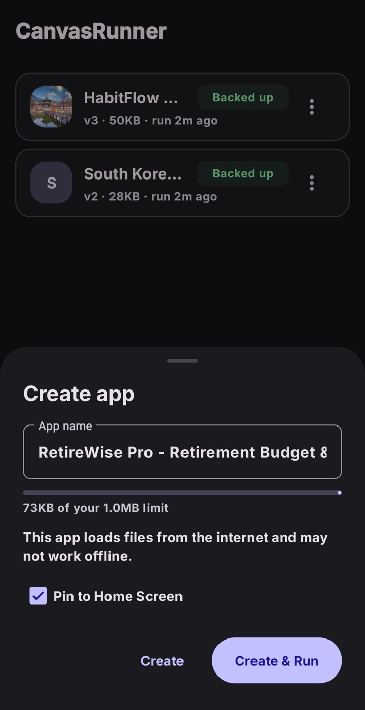 CanvasRunner's create-app sheet, confirming the name before anything is created