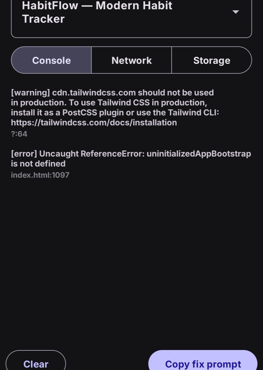 CanvasRunner Inspector showing a live JavaScript console with a warning and an error