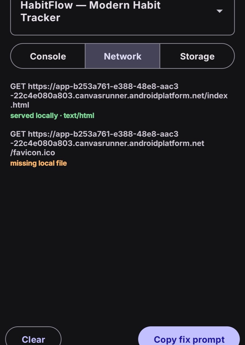 CanvasRunner Inspector network log showing files served locally