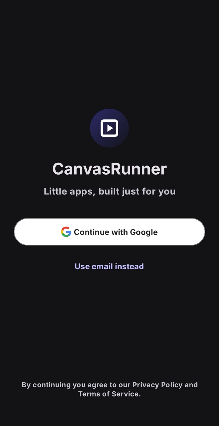 The CanvasRunner sign-in screen with Google and email options