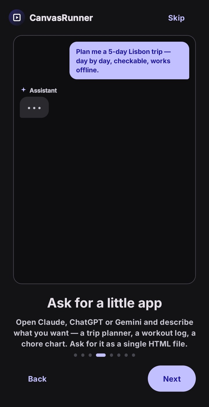 CanvasRunner walkthrough — asking an assistant for a little app
