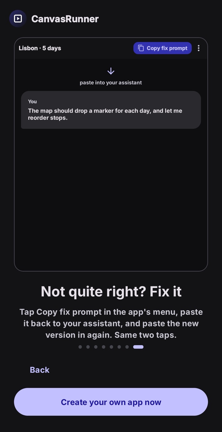 CanvasRunner walkthrough — fixing an app with a copied prompt